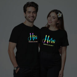 Black Cotton His and Her Since Custom Couple Rainbow Reflective T-shirt