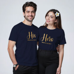 Nblue Cotton His and Her Since Custom Gold Printed Couple T-shirt