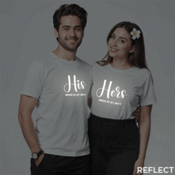 White Cotton His and Her Since Custom Reflective Couple T-shirt