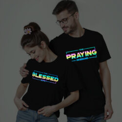 Black Cotton Praying Husband Blessed Wife Couple Rainbow Reflective T-shirt