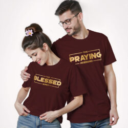Maroon Cotton Praying Husband Blessed Wife Gold Printed Couple T-shirt