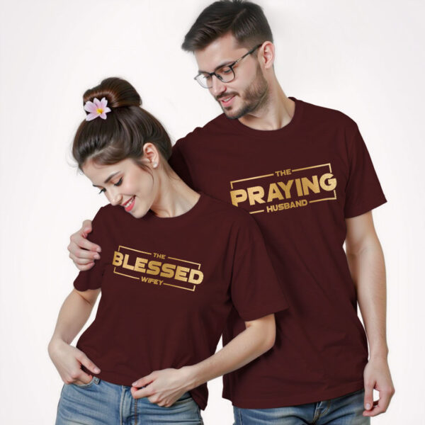 Maroon Cotton Praying Husband Blessed Wife Gold Printed Couple T-shirt