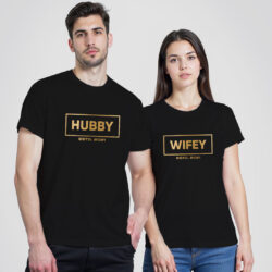 Black Cotton Hubby Wifey Est. Custom Gold Printed Couple T-shirt