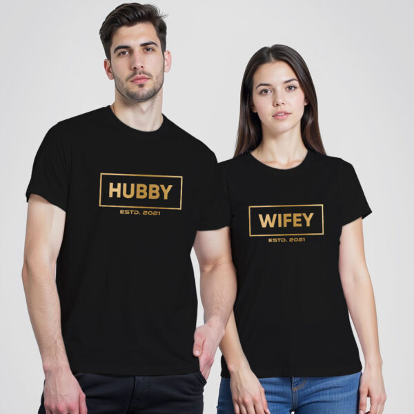 Black Cotton Hubby Wifey Est. Custom Gold Printed Couple T-shirt