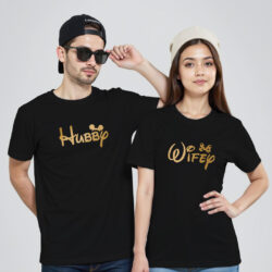 Black Cotton Hubby Wifey Disney Gold Printed Couple T-shirt