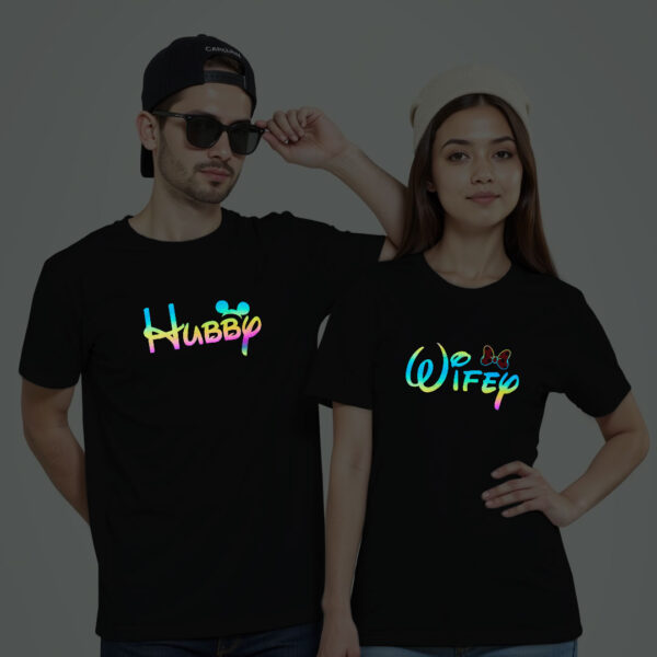 Black Cotton Hubby Wifey Disney Couple Rainbow Reflective T-shirt