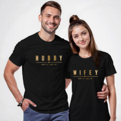 Black Cotton Hubby Wifey Gold Printed Couple T-shirt