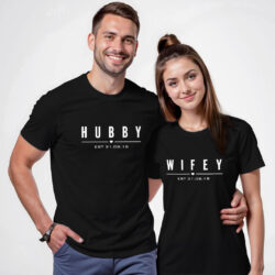 Black Cotton Hubby Wifey Couple T-shirt