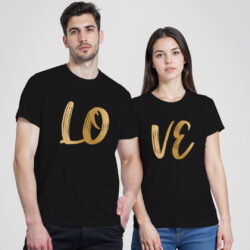 Black Cotton Love Matching Gold Printed Couple T-shirt