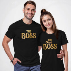 Black Cotton The Boss & Real Boss Gold Printed Couple T-shirt