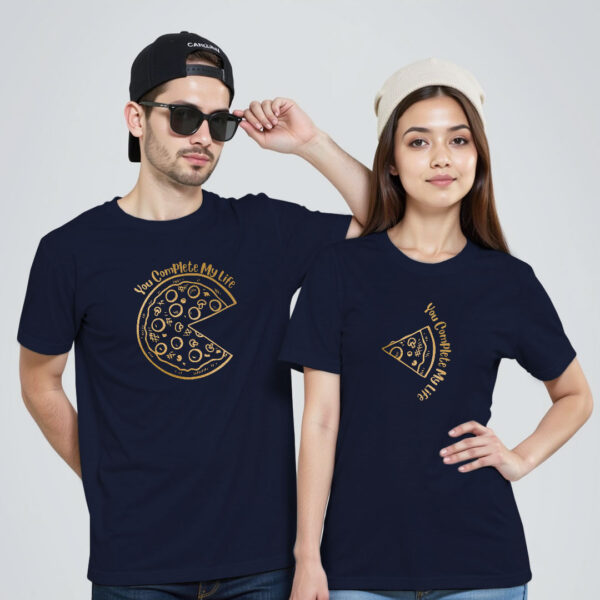 Nblue Cotton You Complete me Pizza Gold Printed Couple T-shirt