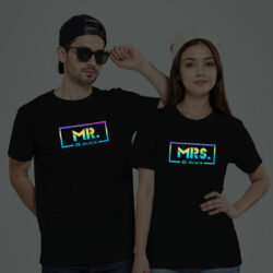 Black Cotton Mr and Mrs Est. Custom Couple Rainbow Reflective T-shirt