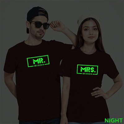 Maroon Cotton Mr and Mrs Est. Custom Couple Glow In The Dark T-shirt