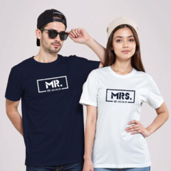 Nblue White Cotton Mr and Mrs Est. Custom Couple T-shirt