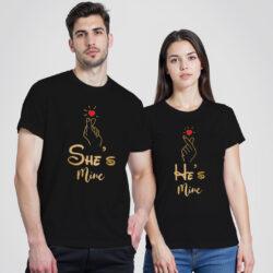 Black Cotton He's Mine She's Mine Gold Printed Couple T-shirt