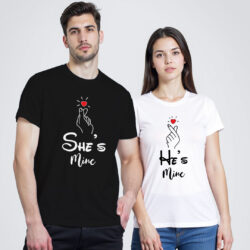 Black White Cotton He's Mine She's Mine Couple T-shirt
