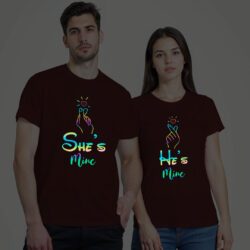 Maroon Cotton He's Mine She's Mine Couple Rainbow Reflective T-shirt