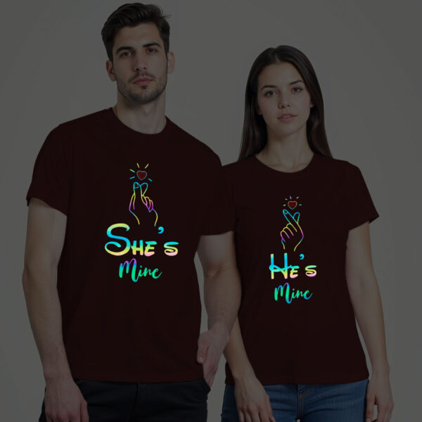 Maroon Cotton He's Mine She's Mine Couple Rainbow Reflective T-shirt