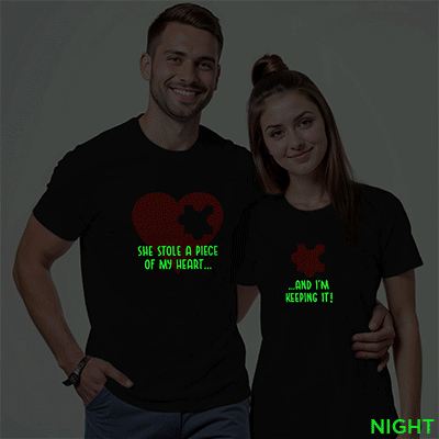 Black Cotton Stole Piece of Heart Couple Glow In The Dark T-shirt