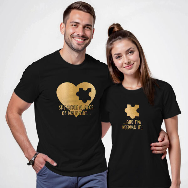 Black Cotton Stole Piece of Heart Gold Printed Couple T-shirt