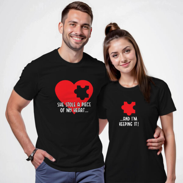 Black Cotton Stole Piece of Heart Couple T-shirt
