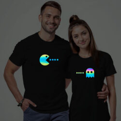 Black Cotton Pacman Couple Rainbow Reflective T-shirt