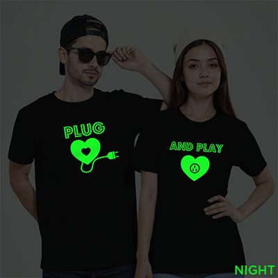 Black Cotton Plug and Play Couple Glow In The Dark T-shirt