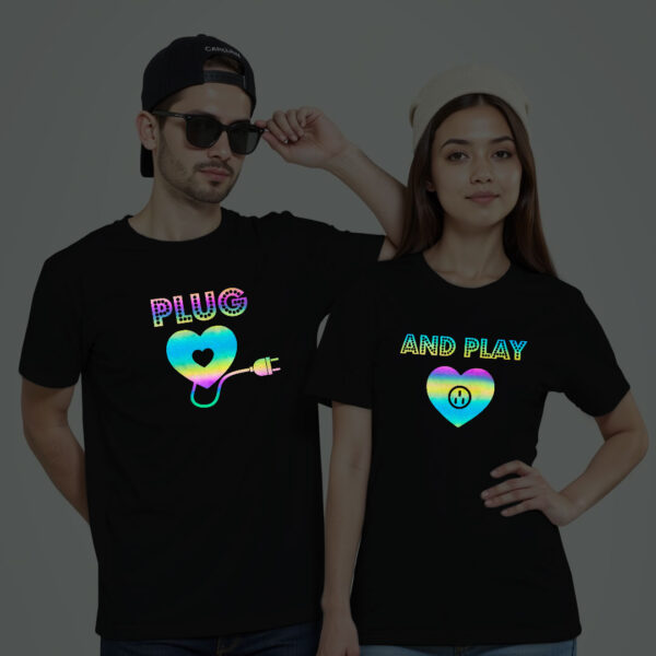 Black Cotton Plug and Play Couple Rainbow Reflective T-shirt