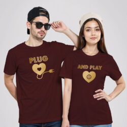 Maroon Cotton Plug and Play Gold Printed Couple T-shirt