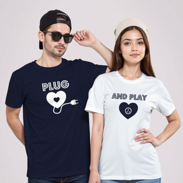 Nblue White Cotton Plug and Play Couple T-shirt