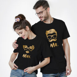 Black Cotton Mr and Mrs Gold Printed Couple T-shirt