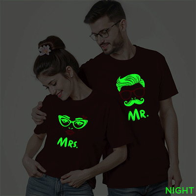 Maroon Cotton Mr and Mrs Couple Glow In The Dark T-shirt