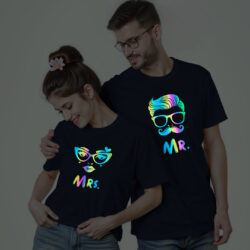 Nblue Cotton Mr and Mrs Couple Rainbow Reflective T-shirt