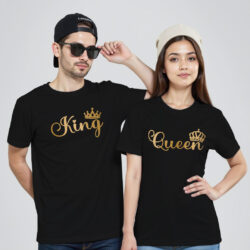 Black Cotton King Queen Gold Printed Couple T-shirt