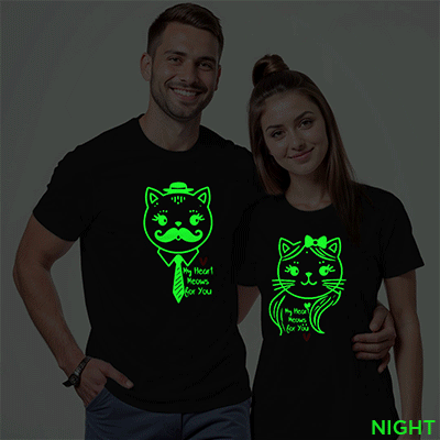 Black Cotton My Heart Meows for You Couple Glow In The Dark T-shirt