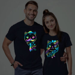 Nblue Cotton My Heart Meows for You Couple Rainbow Reflective T-shirt