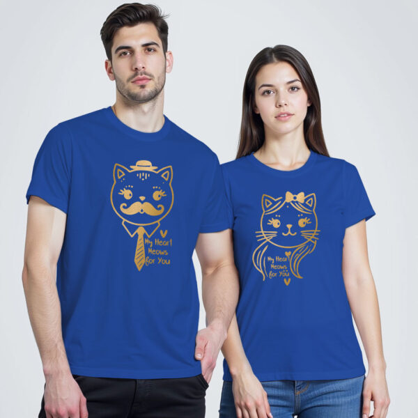 Rblue Cotton My Heart Meows for You Gold Printed Couple T-shirt