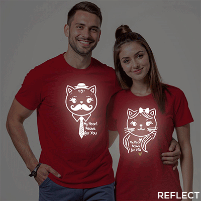 Red Cotton My Heart Meows for You Reflective Couple T-shirt