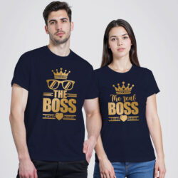 Nblue Cotton The Real Boss Gold Printed Couple T-shirt