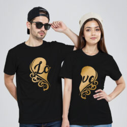 Black Cotton Love Heart Gold Printed Couple T-shirt