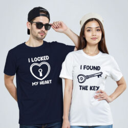 Nblue White Cotton I Locked My Heart Couple T-shirt