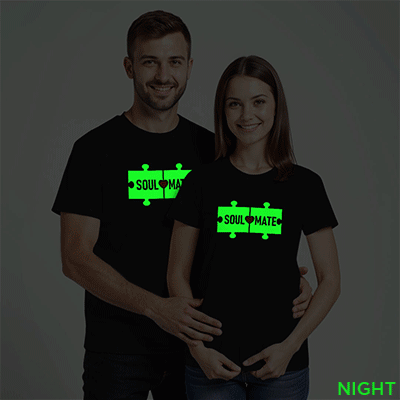 Black Cotton Puzzle Soul Mate Couple Glow In The Dark T-shirt