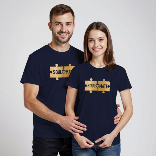 Nblue Cotton Puzzle Soul Mate Gold Printed Couple T-shirt