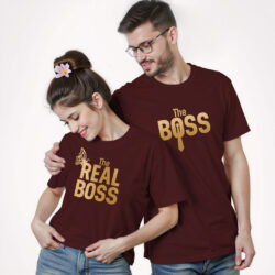 Maroon Cotton The Boss & Real Boss Gold Printed Couple T-shirt