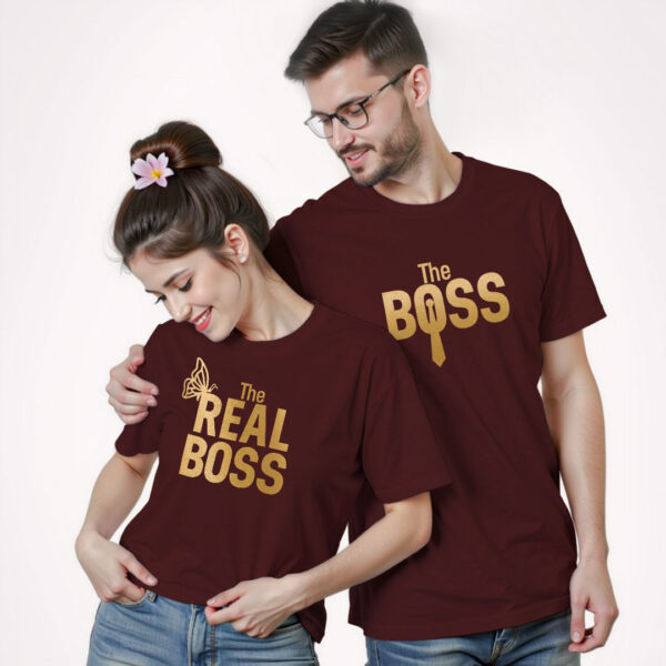 Maroon Cotton The Boss & Real Boss Gold Printed Couple T-shirt