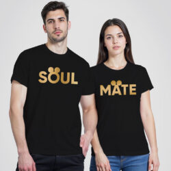 Black Cotton Soul Mate Disney Gold Printed Couple T-shirt