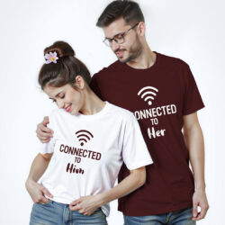 Maroon White Cotton Wifi Couple T-shirt