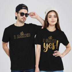 Black Cotton I Asked I Said Yes Gold Printed Couple T-shirt
