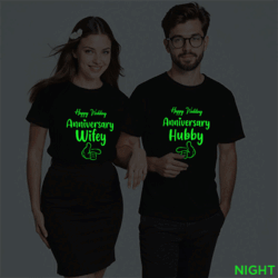 Black Cotton Anniversary Hubby Wifey Couple Glow In The Dark T-shirt