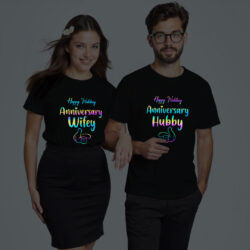 Black Cotton Anniversary Hubby Wifey Couple Rainbow Reflective T-shirt
